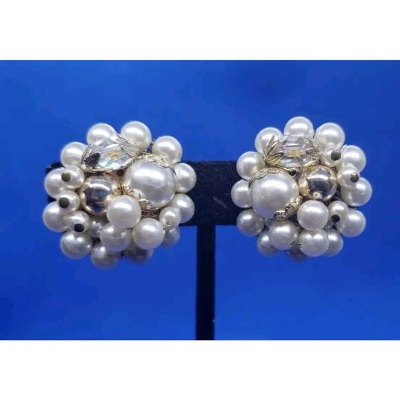 Vintage Clip Earrings Faux Pearl AB Glass Bead Head Pins 1950s Japan Pin Up - Picture 1 of 9